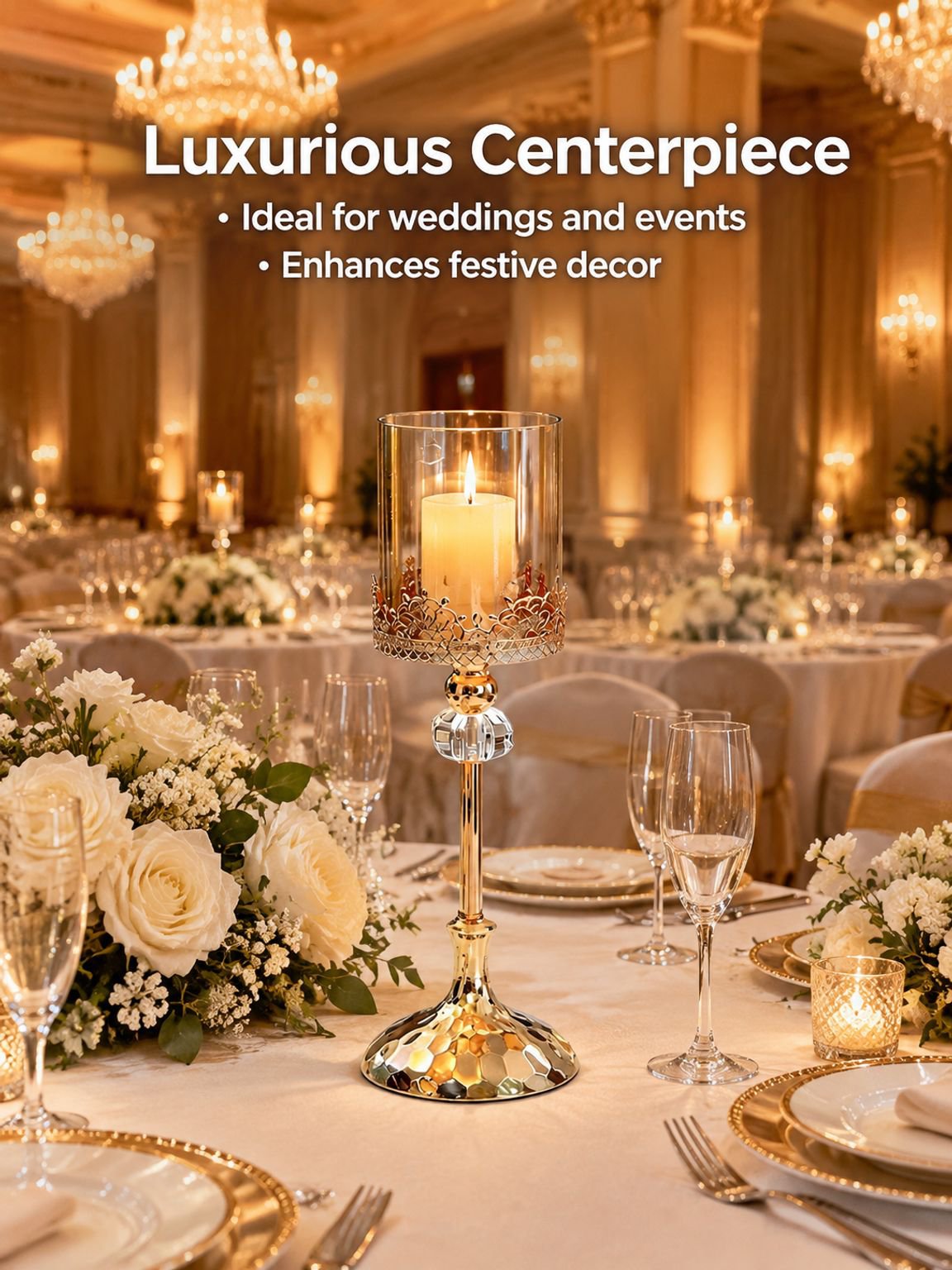 Luxury gold crystal candle holder for wedding table centerpiece