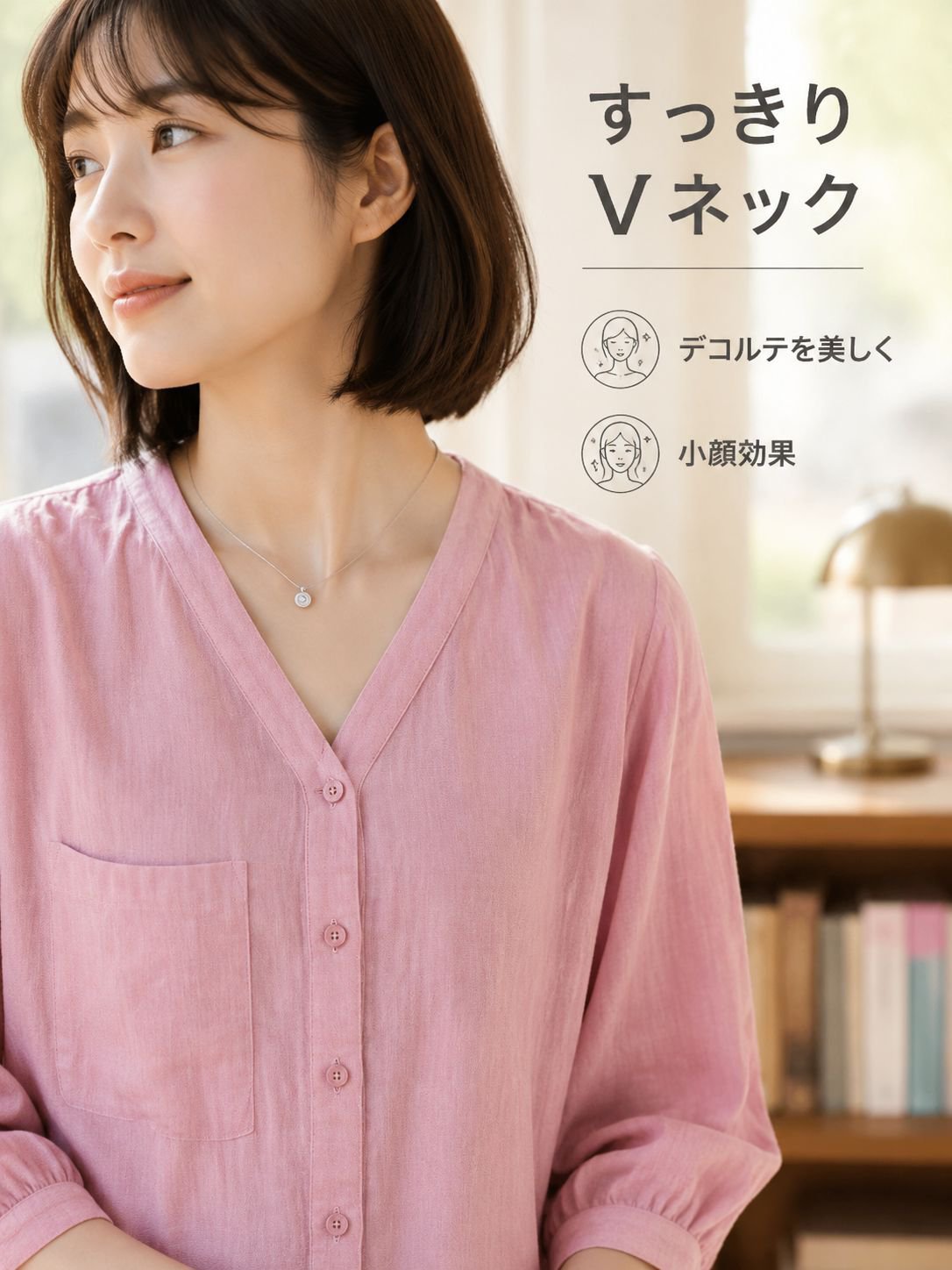 お腹周りをカバーするVネック七分袖シャツ