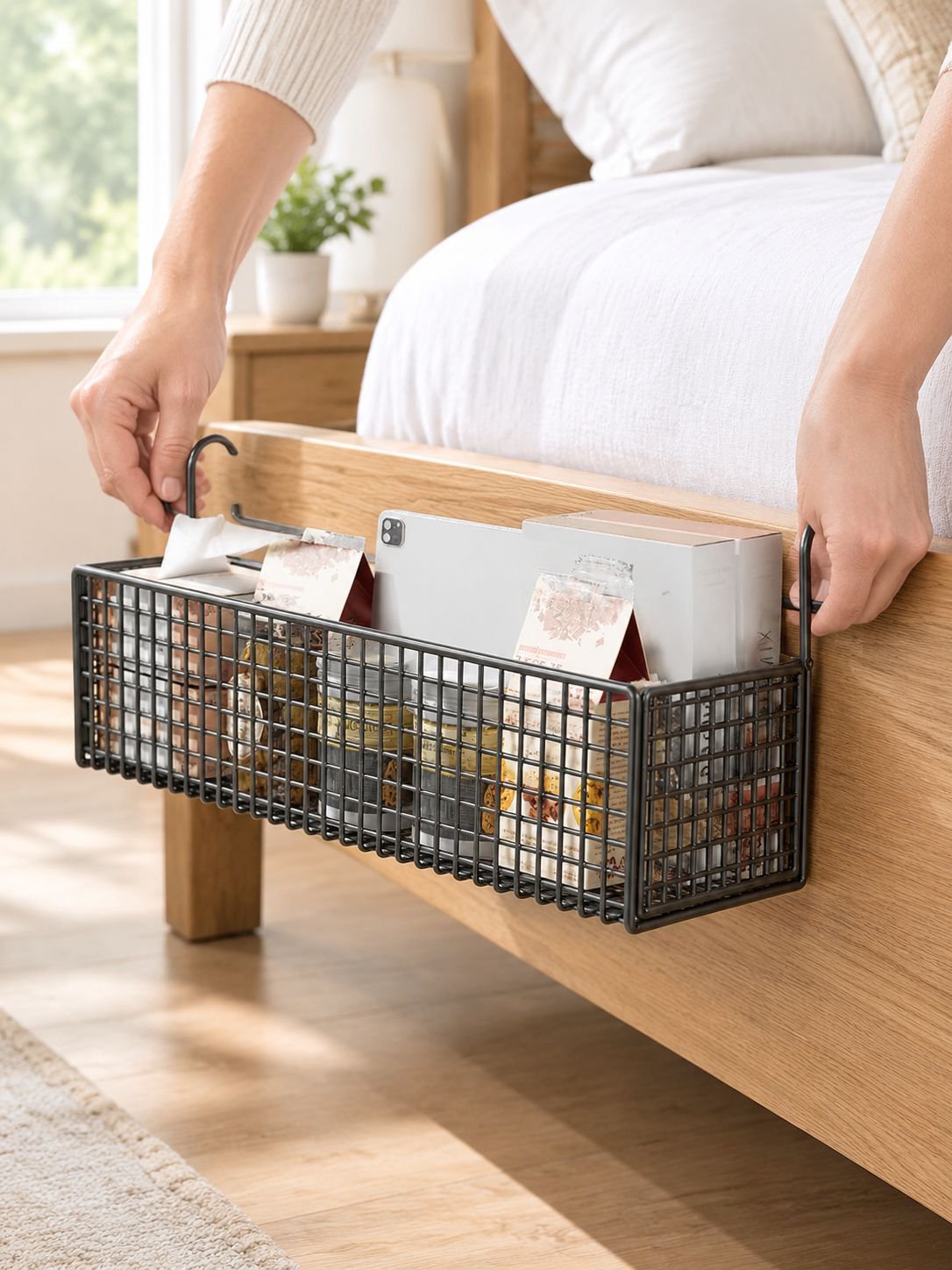 Bedside hanging basket organizer for books and gadgets