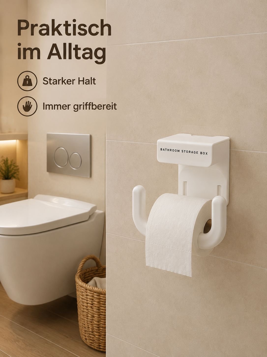 Wandmontierter, bohrfreier Toilettenpapier-Organizer und Halter