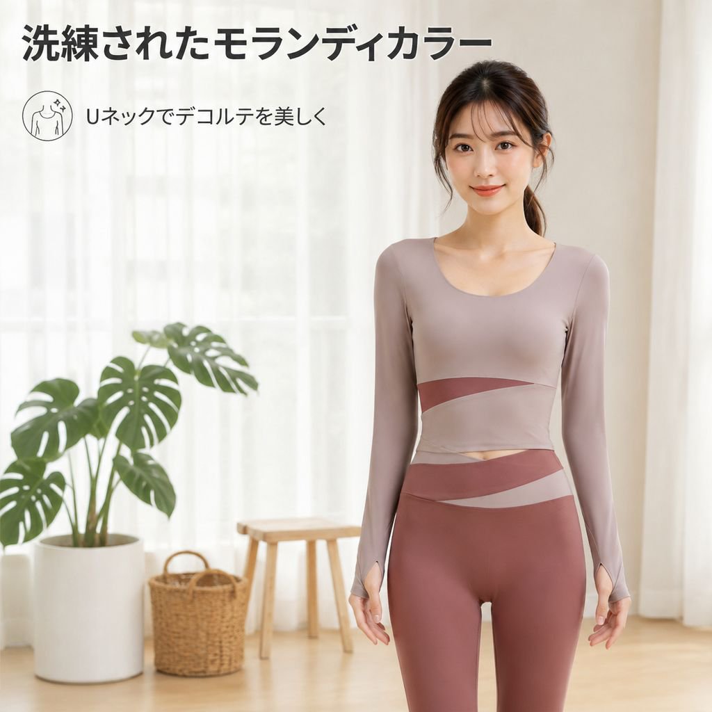 裸感細見え配色長袖スポーツヨガフィットネスウェアセット女性用
