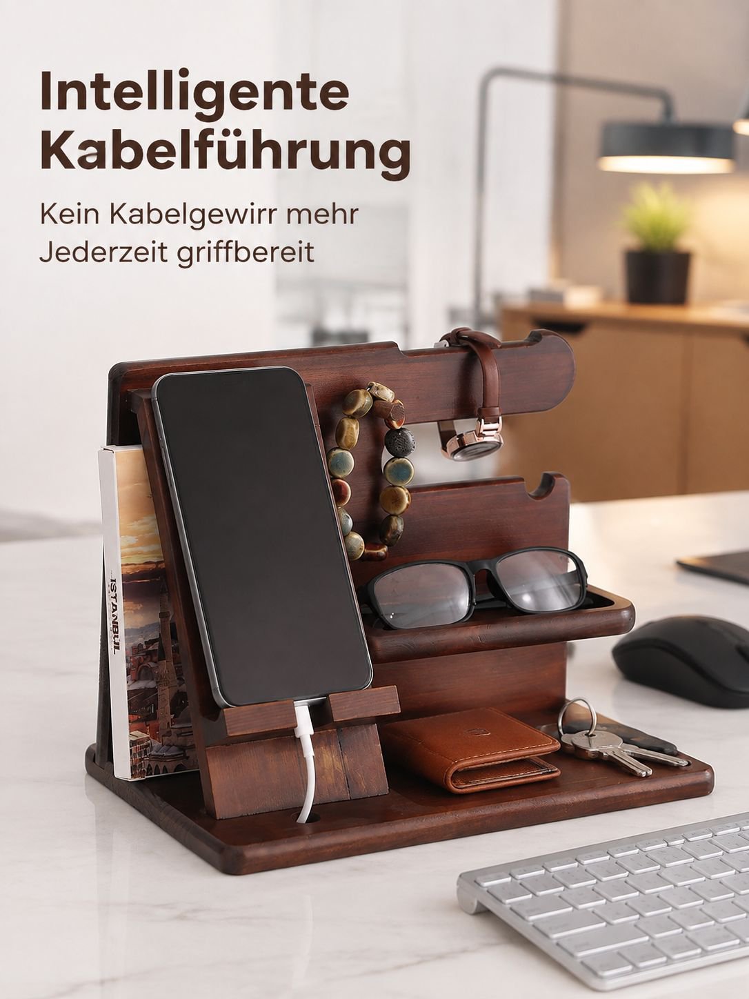 Handyhalter und Organizer aus Massivholz für Büro, Schlüssel- und Uhrenständer