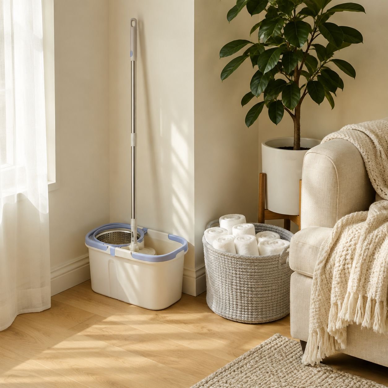 Compact and lightweight spinning mop bucket set