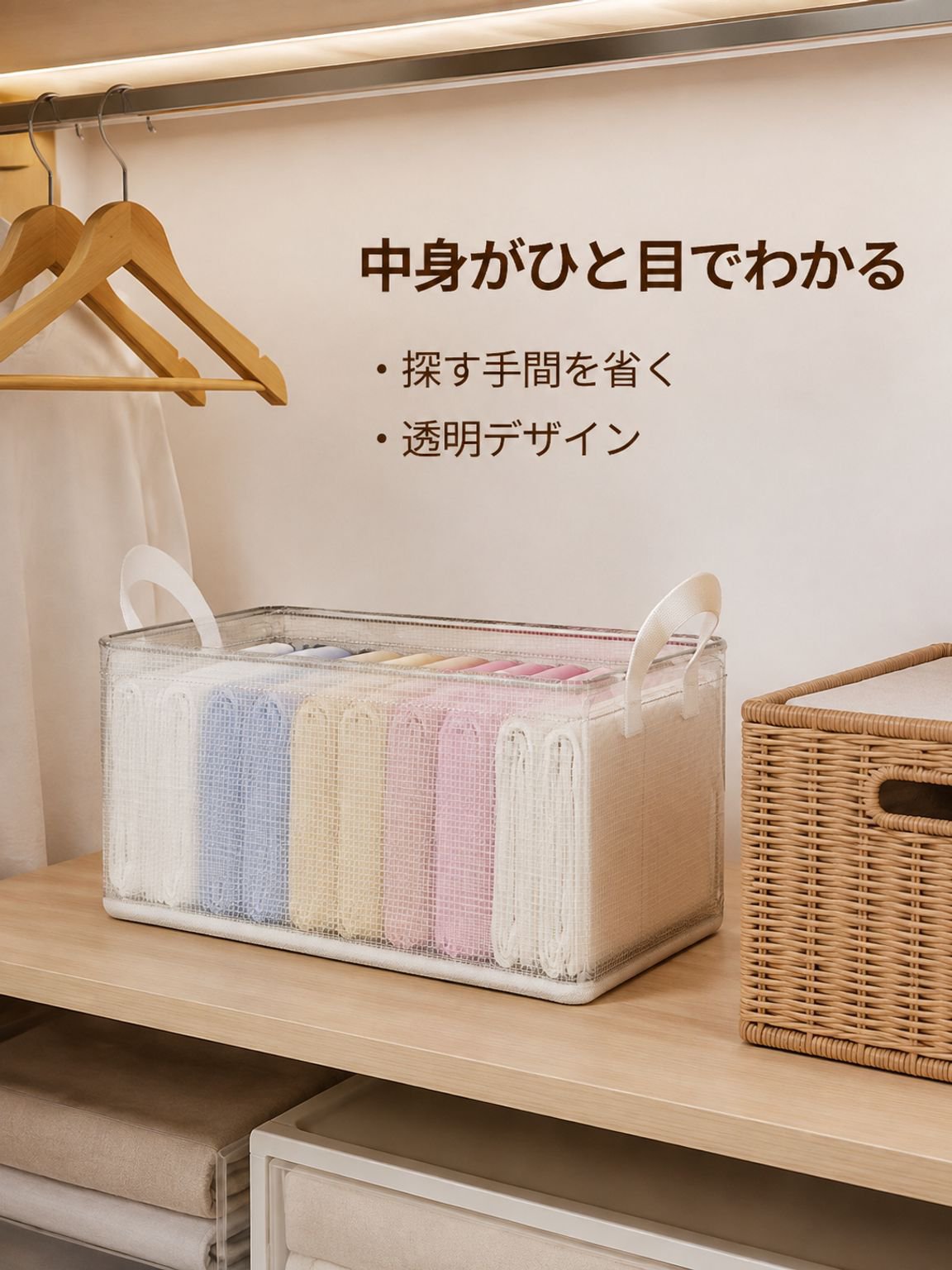 大容量家庭用透明収納ボックス、折りたたみ＆蓋付き、ワードローブ収納に最適。