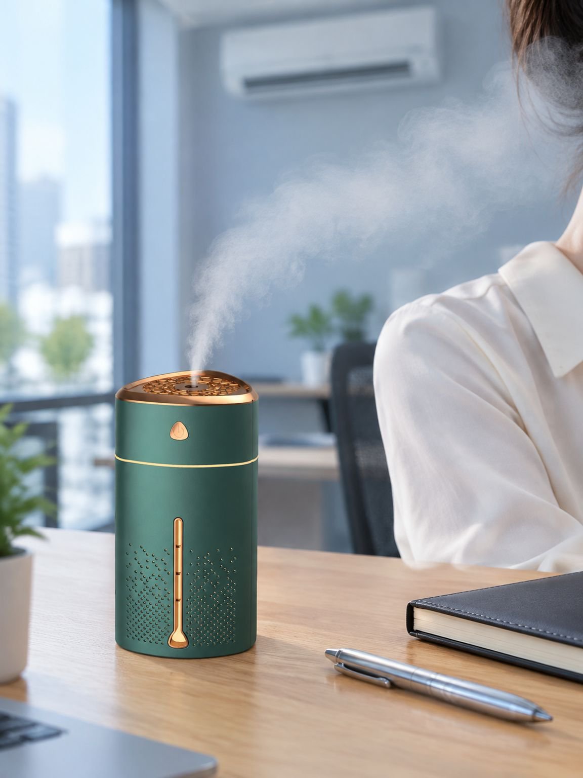 Humidificador portátil colorido encendido en una oficina moderna