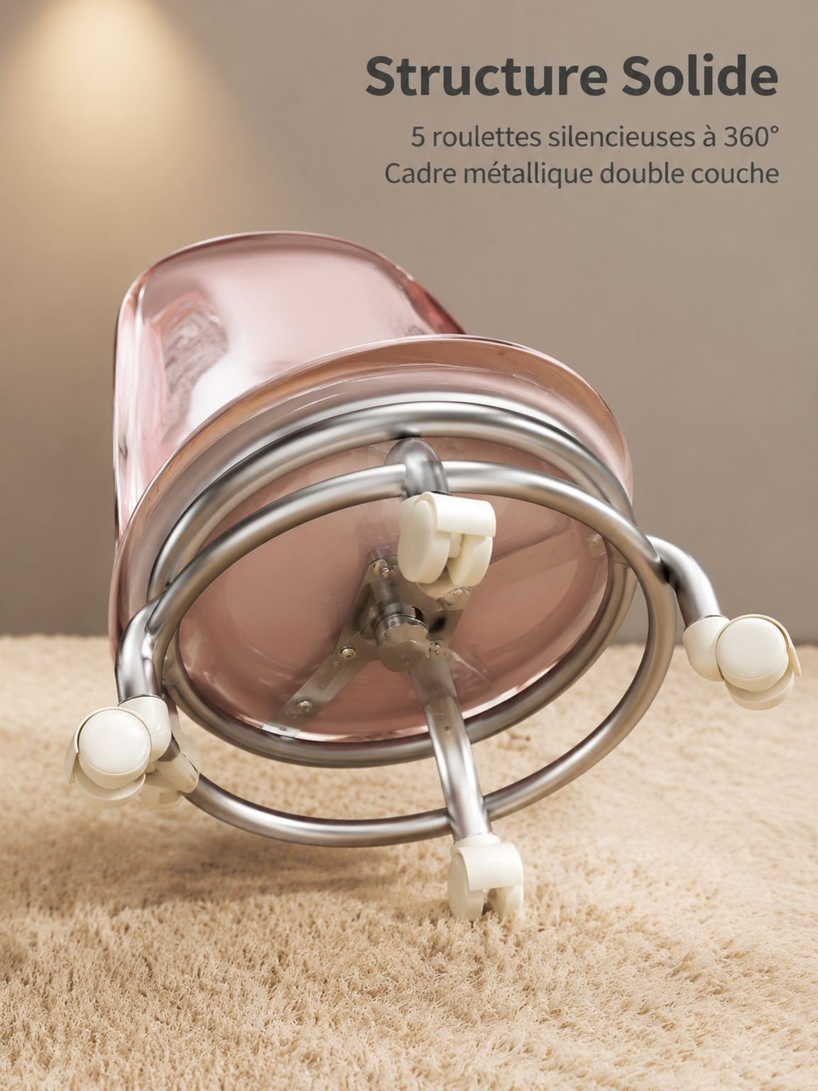 Détail des roulettes pivotantes du tabouret pour enfant