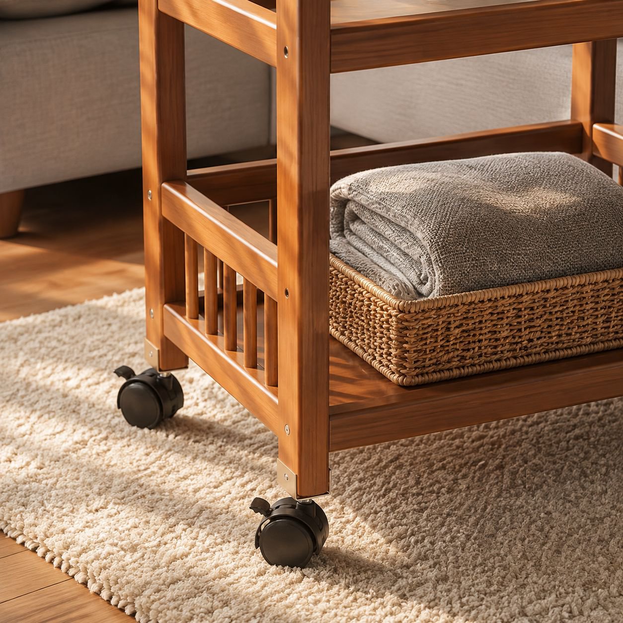 Solid wood movable storage rack trolley in living room