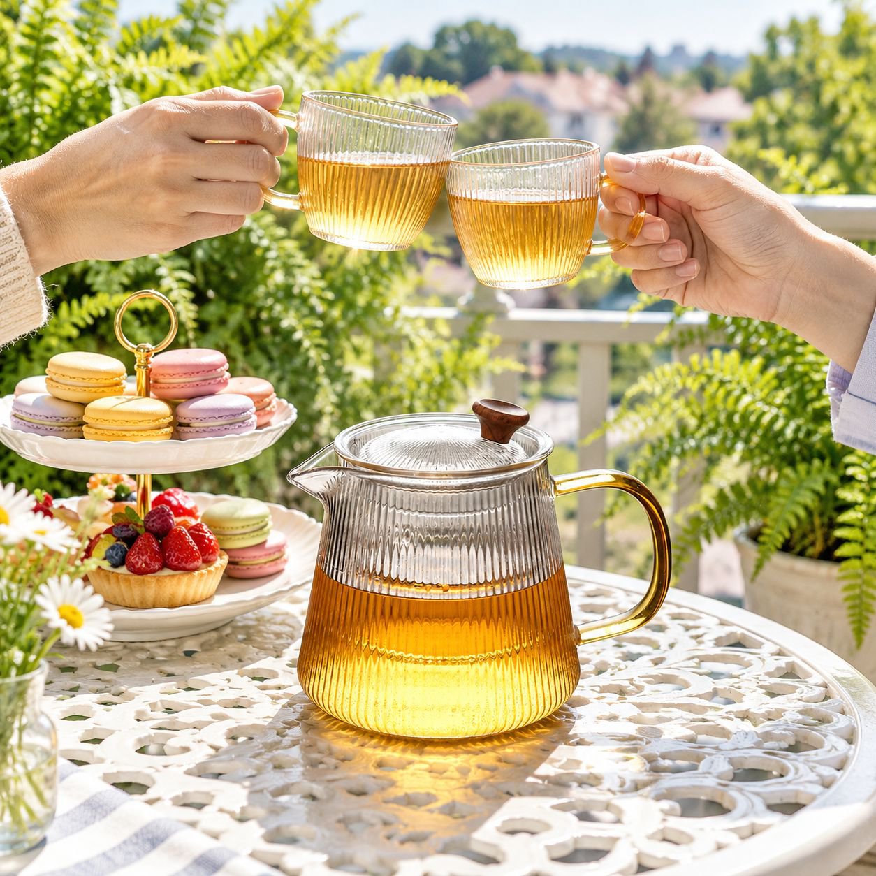 Top view of the New Striped Glass Teapot showcasing the lid and handle