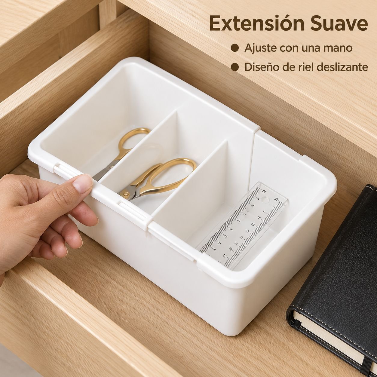 Caja organizadora de escritorio multifuncional extensible con compartimentos