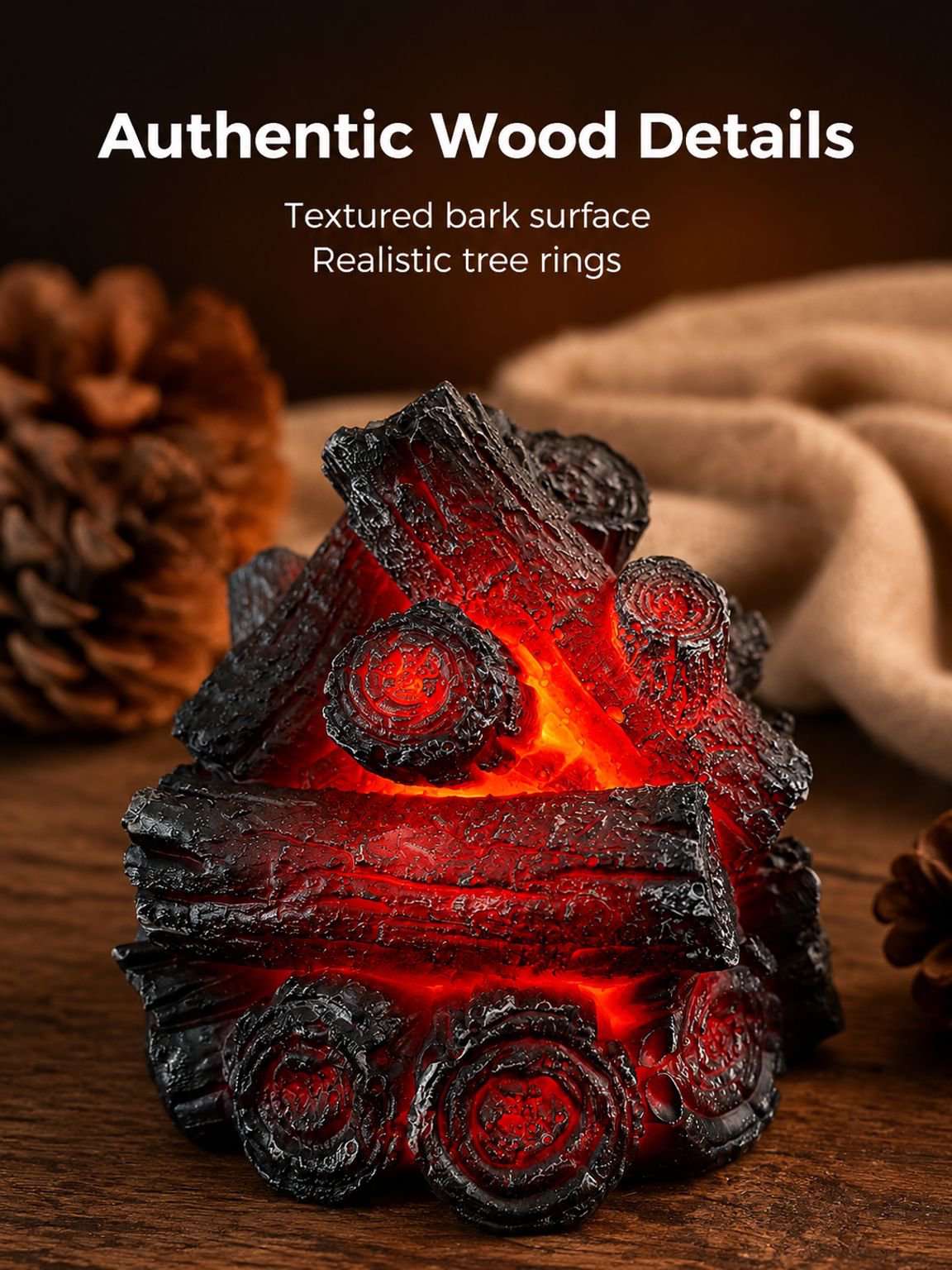 Resin Faux Charcoal LED Ambient Light, Charcoal Pile Design with Soft Flame Effect, Battery-Powered