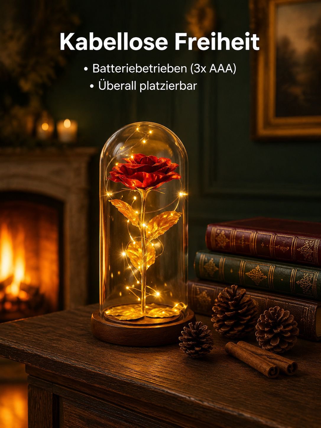 Künstliche Rosenblume unter Glashaube mit Goldfolie, ewige Blume, festliche Dekoration