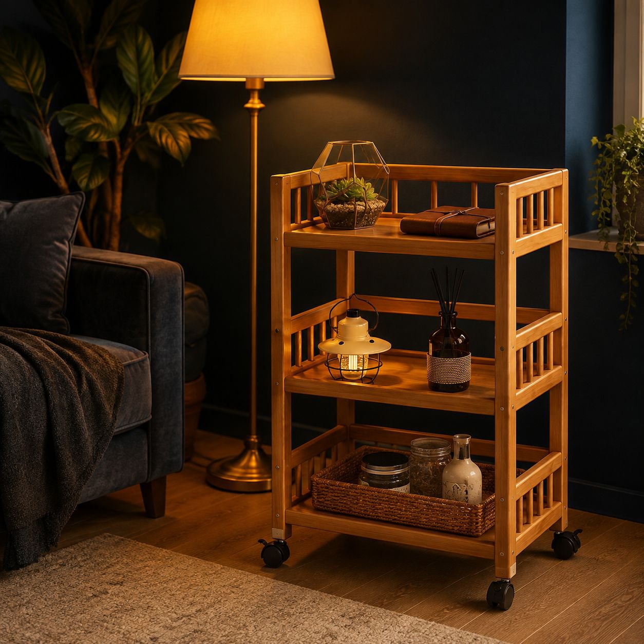 Durable wooden storage rack with wheels