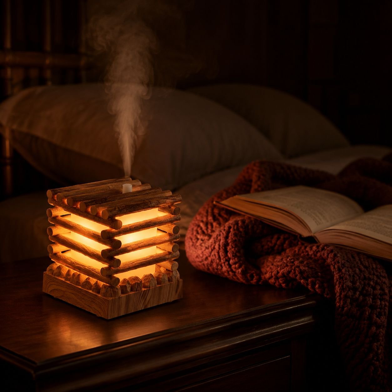 Desktop Flame Aroma Diffuser, Wooden Style Home Humidifier, USB Portable Air Purifier