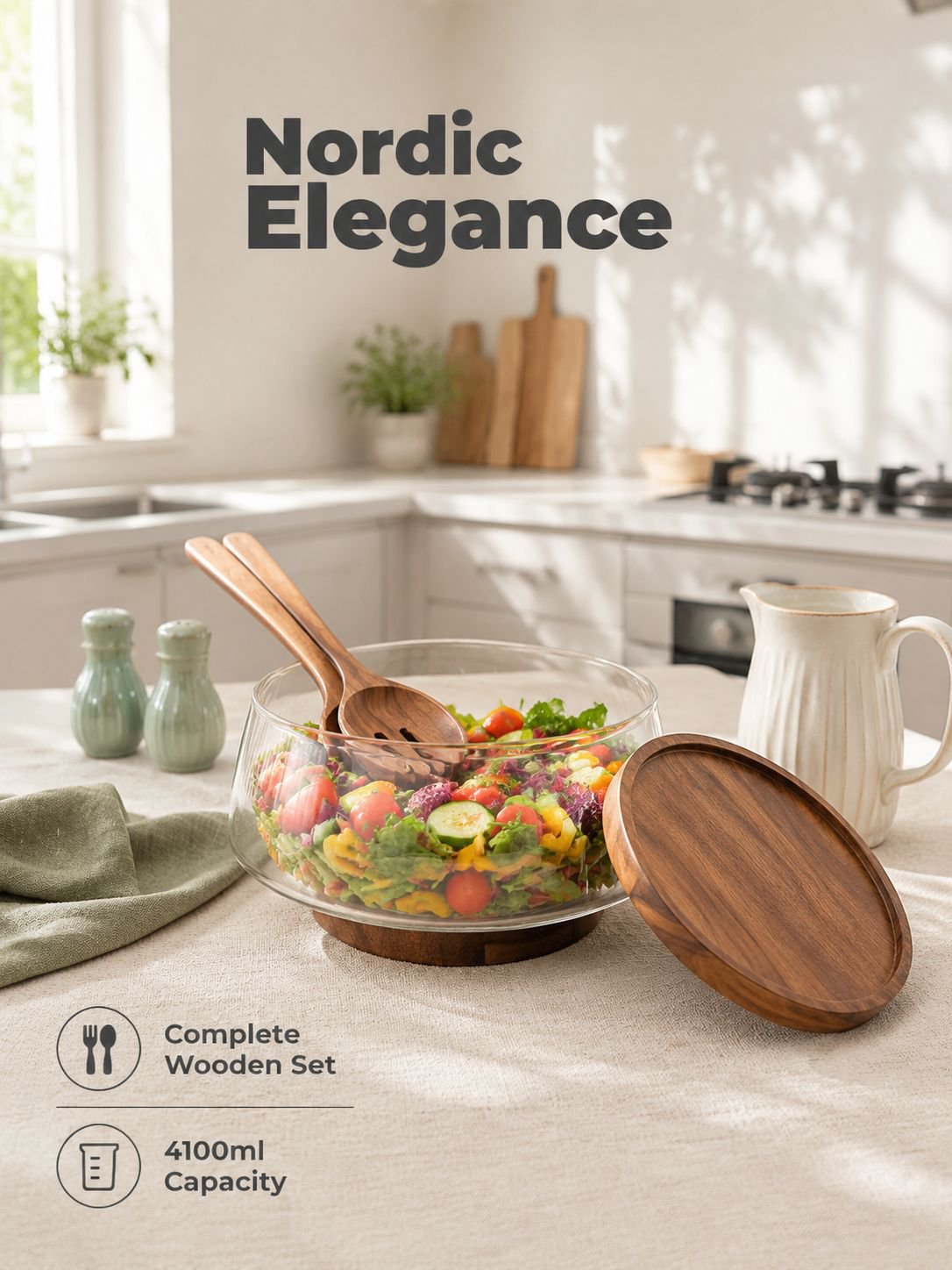 Glass Fruit Plate with Fork and Wooden Lid Tableware