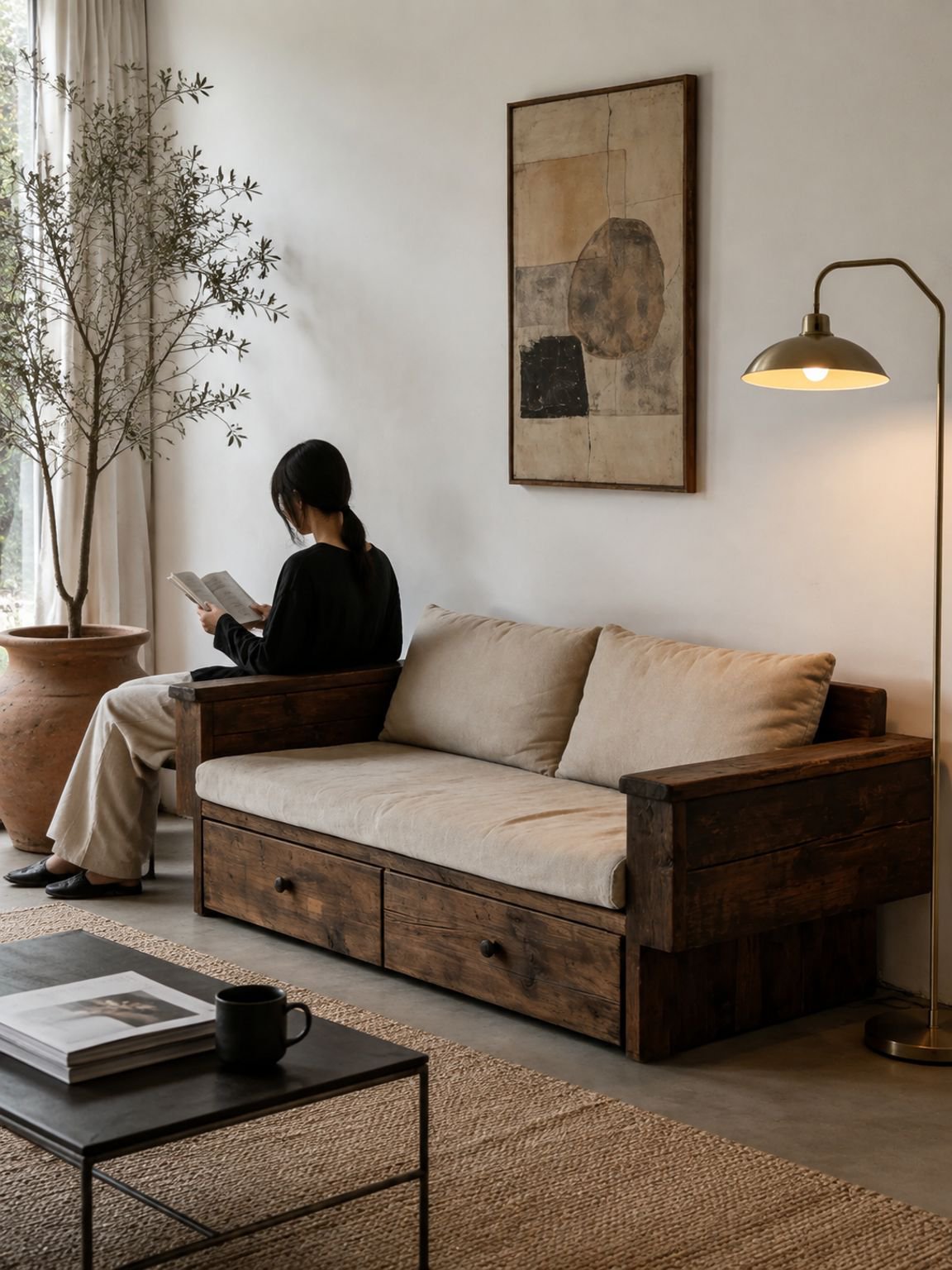 Handcrafted solid wood storage bench in minimalist style