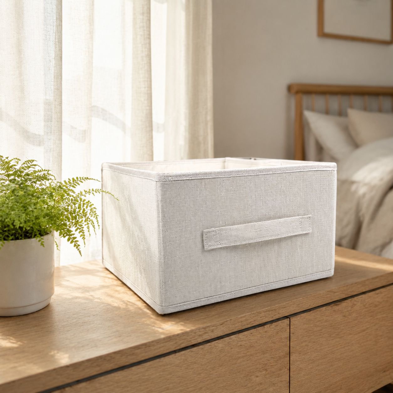 Cotton and linen clothes organizer box front view