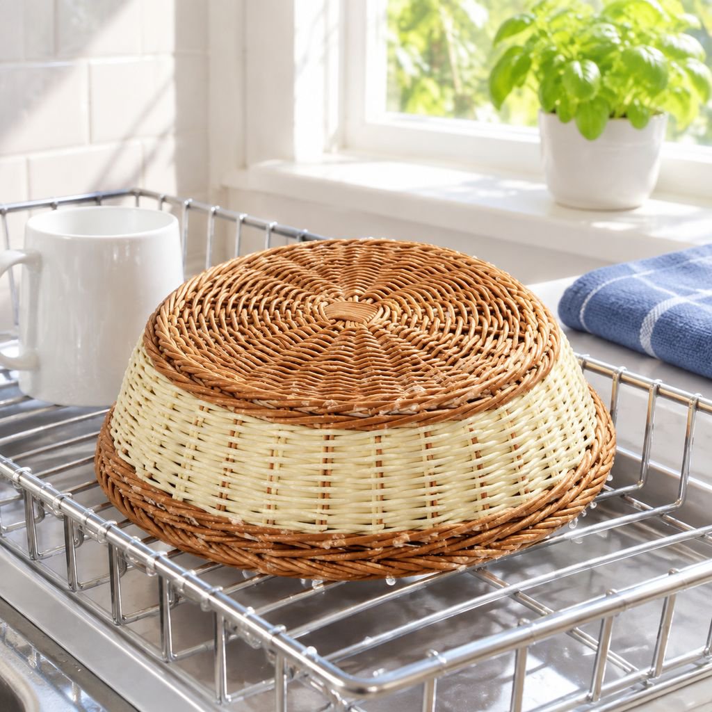 Cesta de pan redonda con pan fresco en su interior