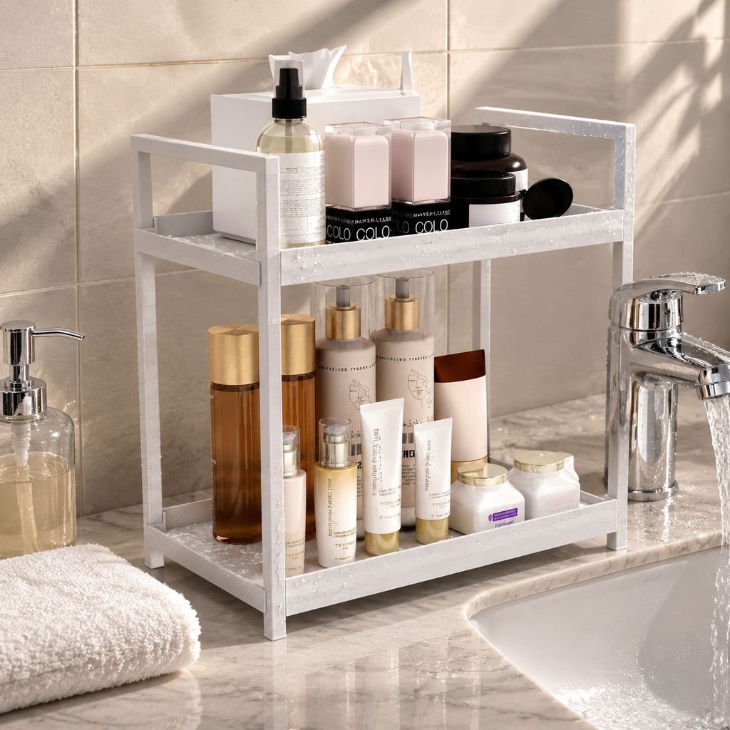 Cosmetics and Perfume Storage Rack neatly organizing makeup on a vanity