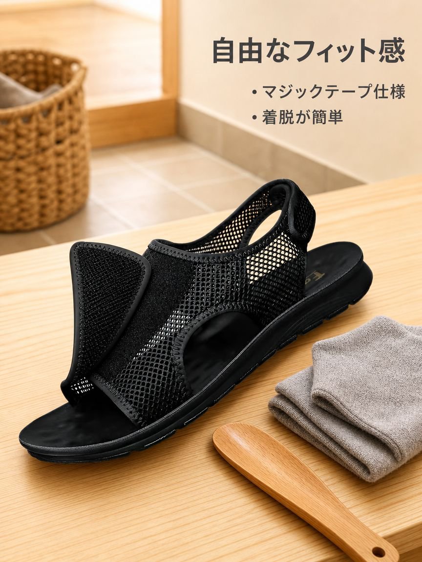 メンズ通気性軽量サンダル マジックテープ調節 滑り止め・水洗い可能メッシュスリッパ