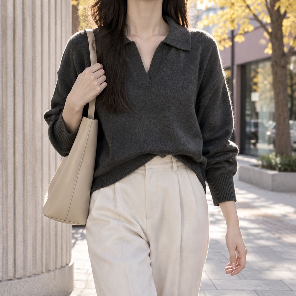 レディース 秋冬新作 リラックス感のあるポロ襟Vネック長袖ニット