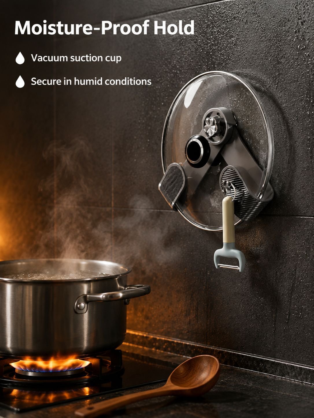 Non perforated suction cup wall mounted pot lid rack