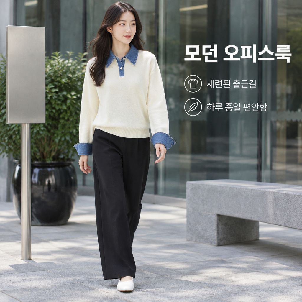 가을겨울 여성 POLO 카라 데님 배색 레이어드 니트 상의