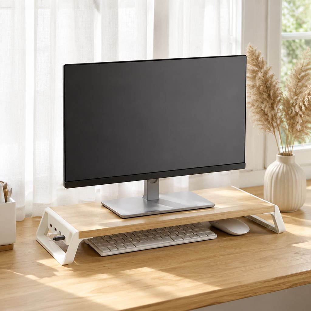 Monitor-Halterung mit USB-Port und Aufbewahrungsregal