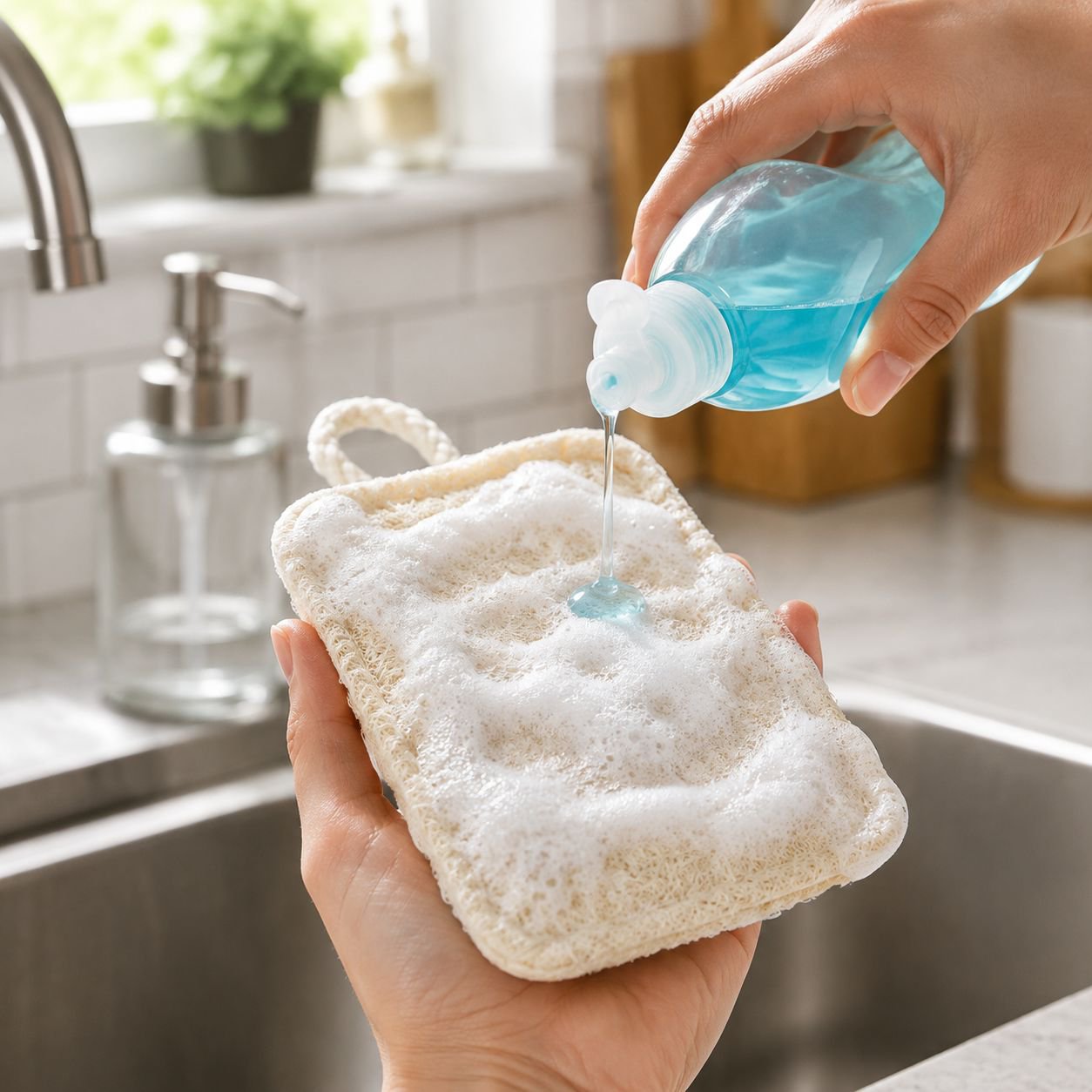 Eco-friendly wood pulp cotton kitchen scrubbing sponge on white background