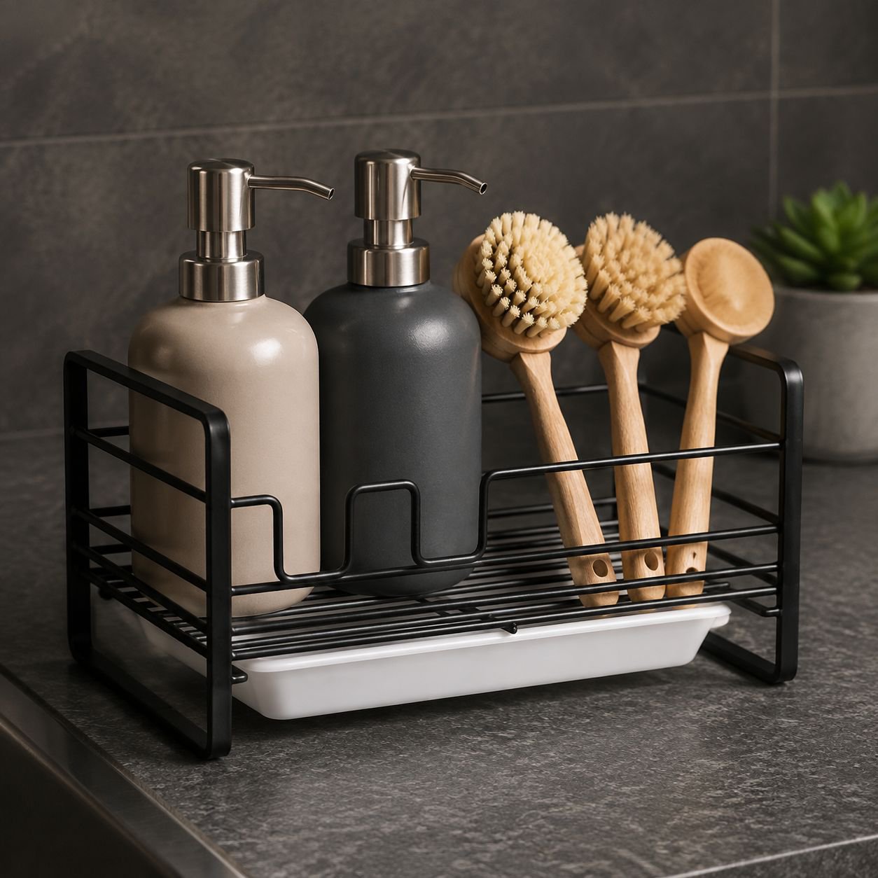 Sturdy iron holder for kitchen sink essentials