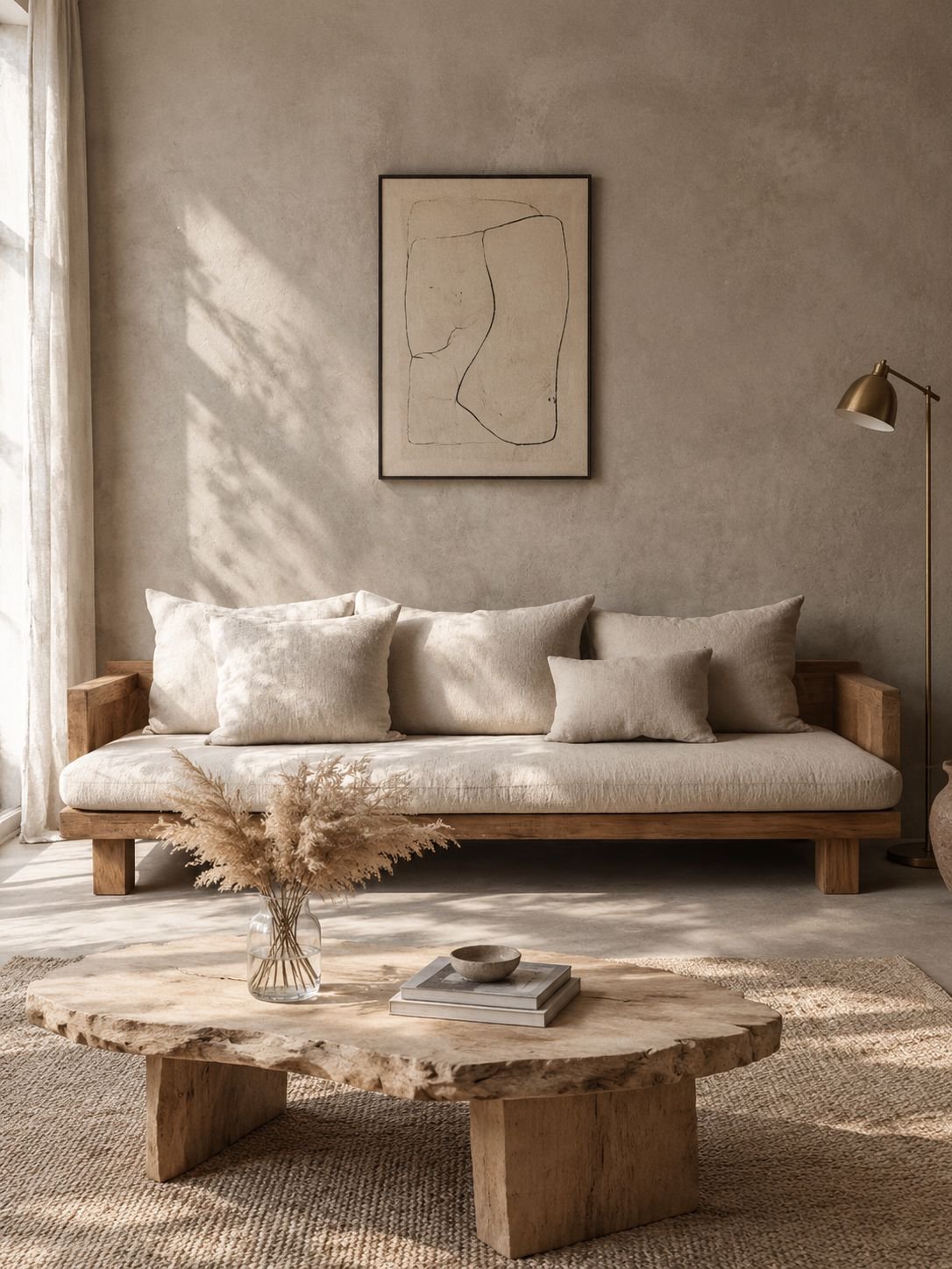 Modernes Massivholzsofa im japanisch inspirierten Wabi-Sabi-Stil