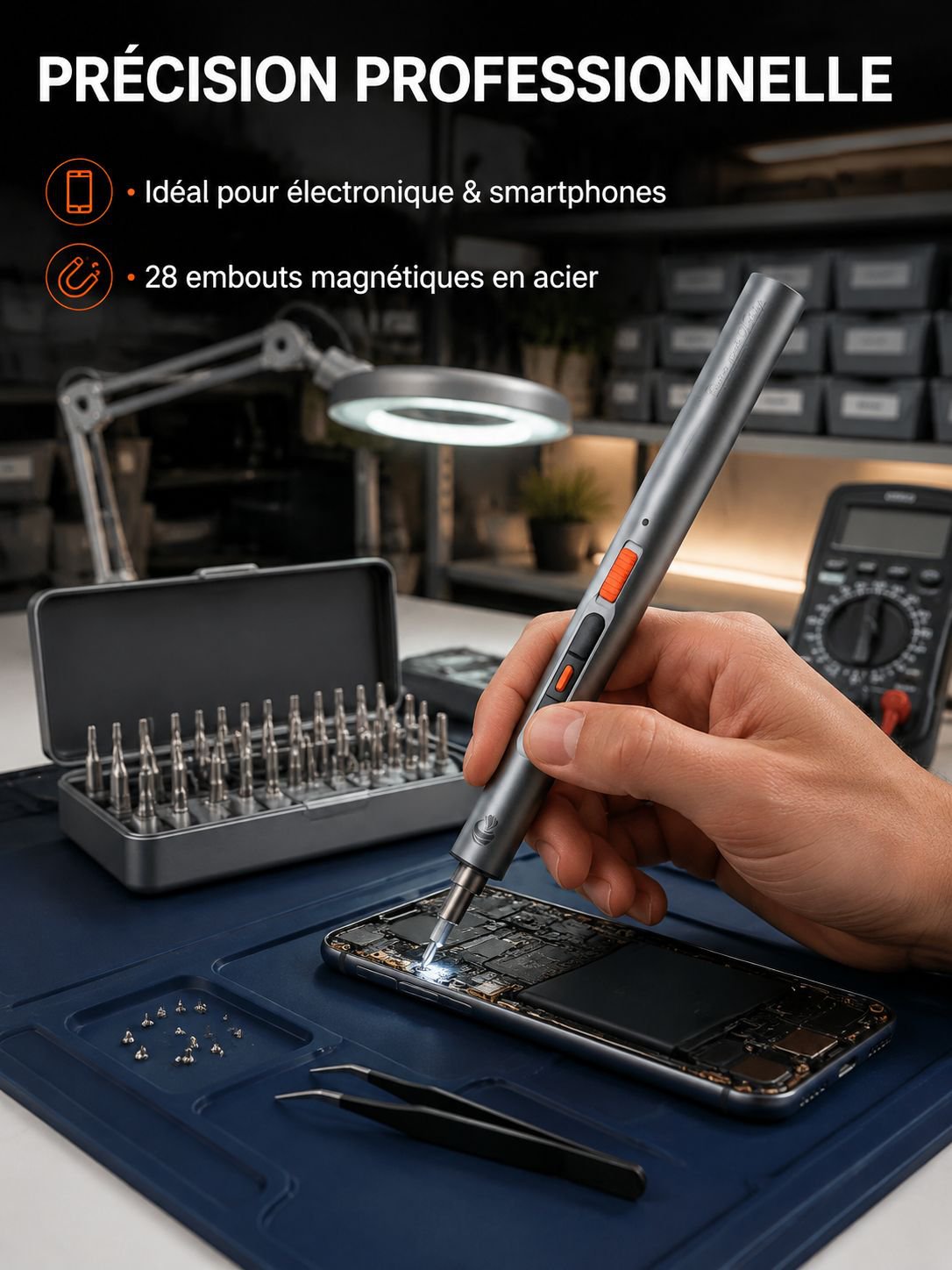 Tournevis sans fil rechargeable de précision avec éclairage LED
