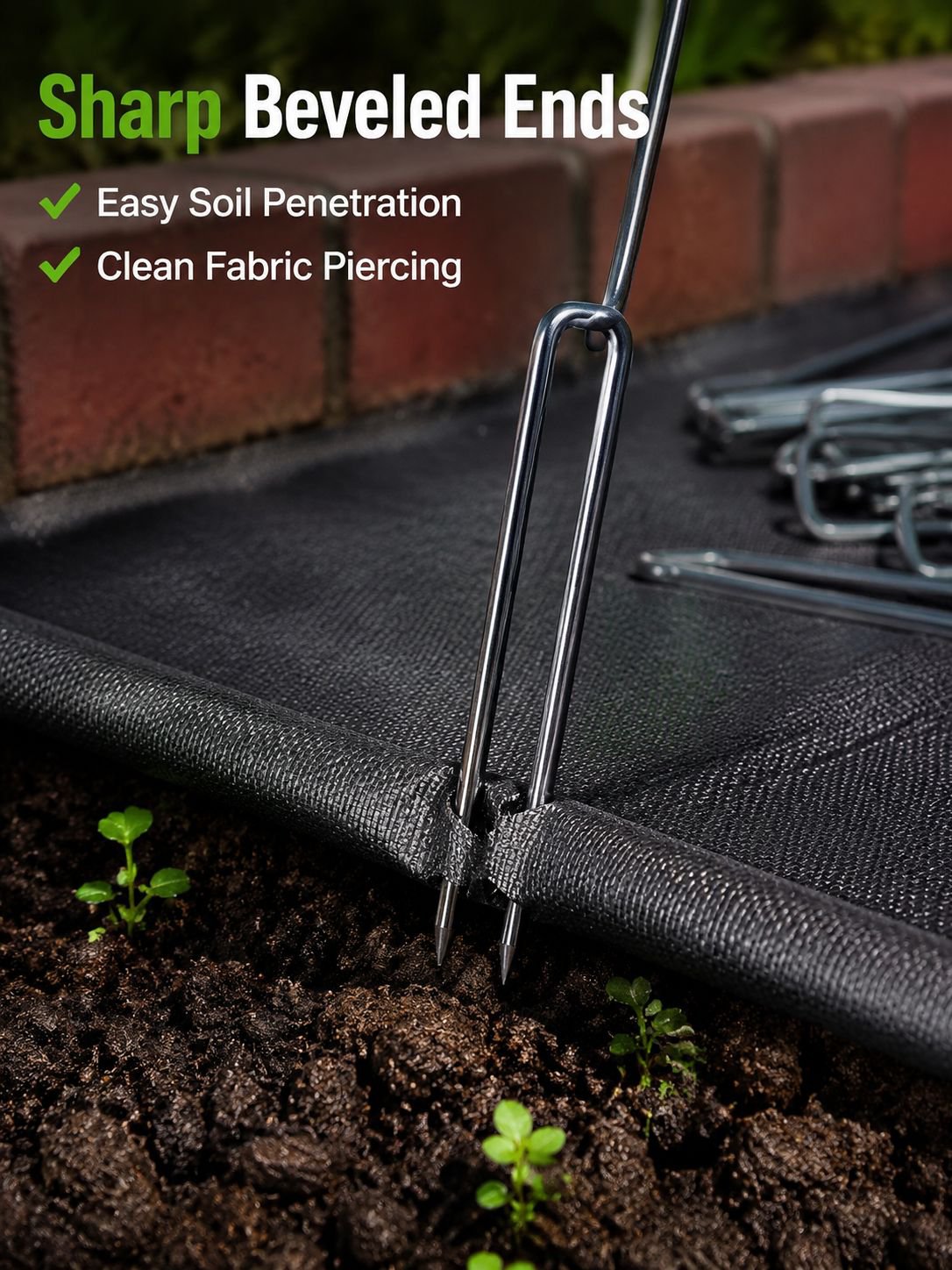 Ground pegs in use with a weed control fabric in a garden