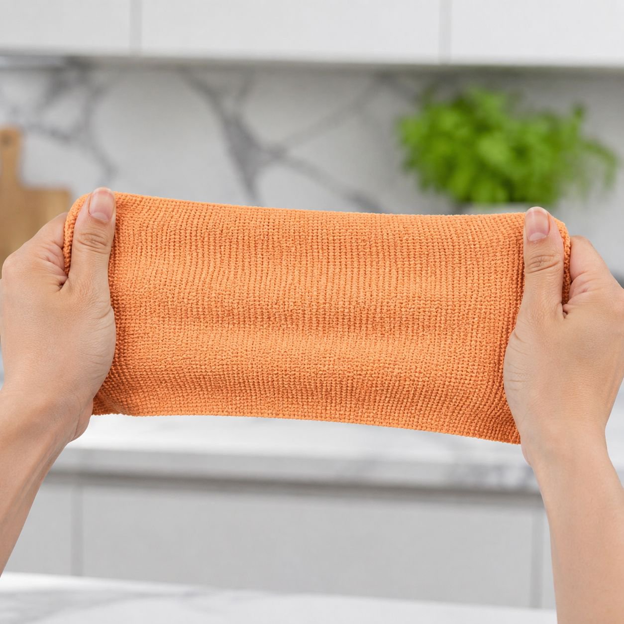 Wet and dry hand wash cloth wiping kitchen surface