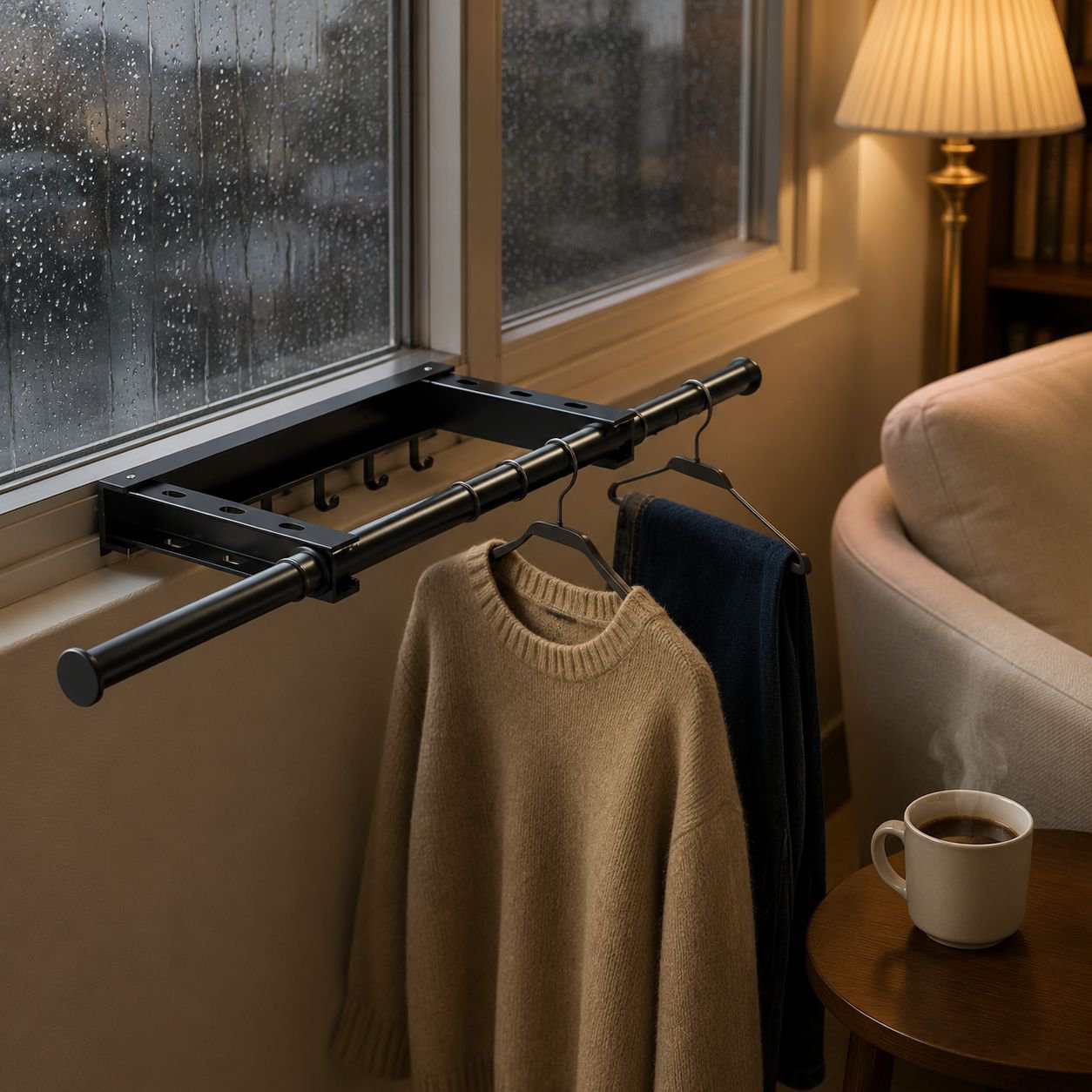 Space-saving laundry rod mounted beside washing machine