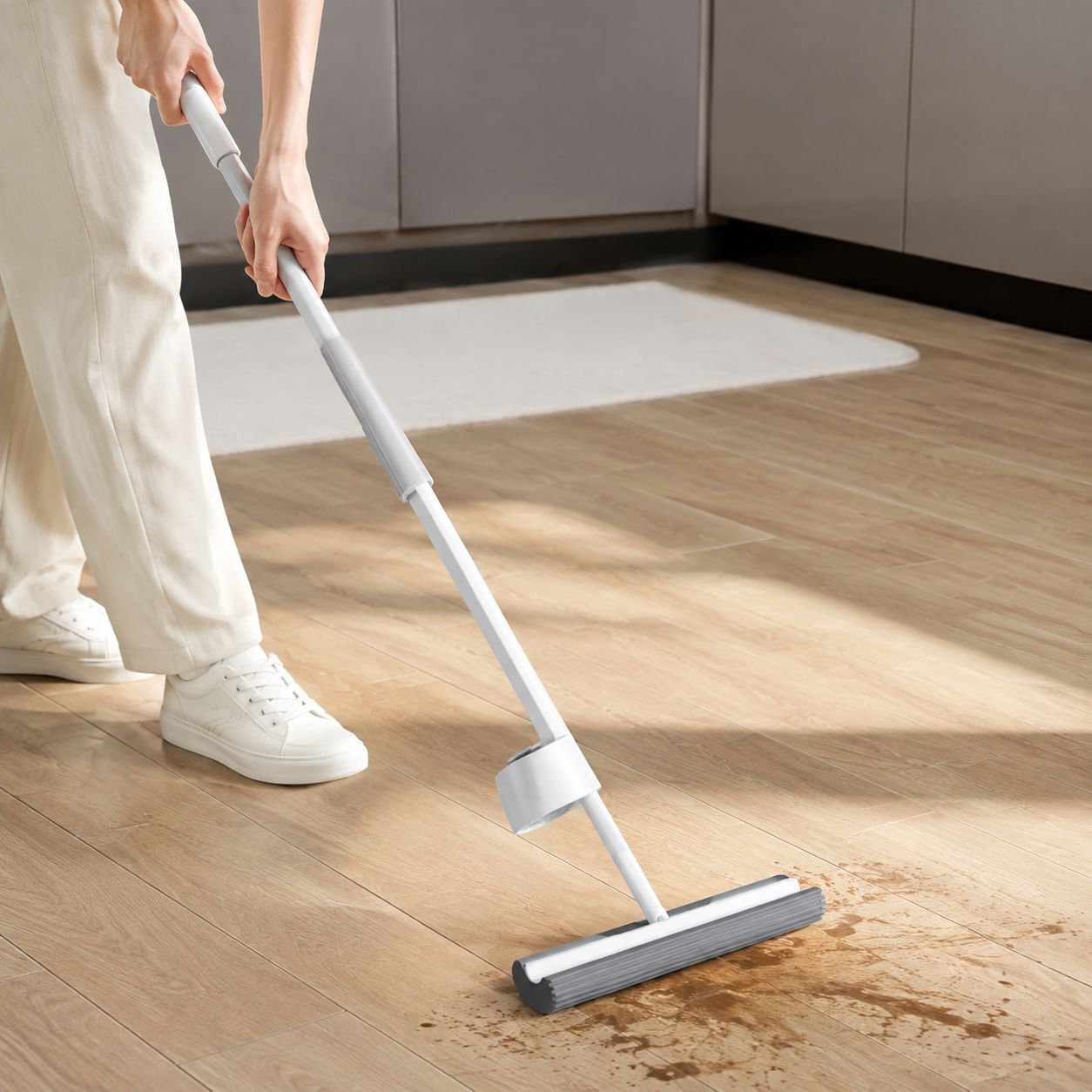 Mop head detaching for easy hands-free rinsing