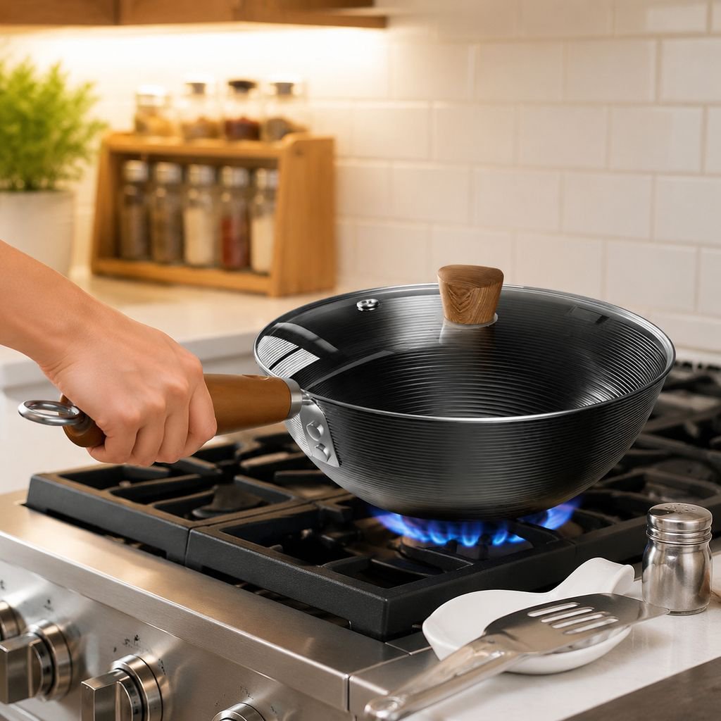 Small iron threaded flat frying pan with ergonomic handle
