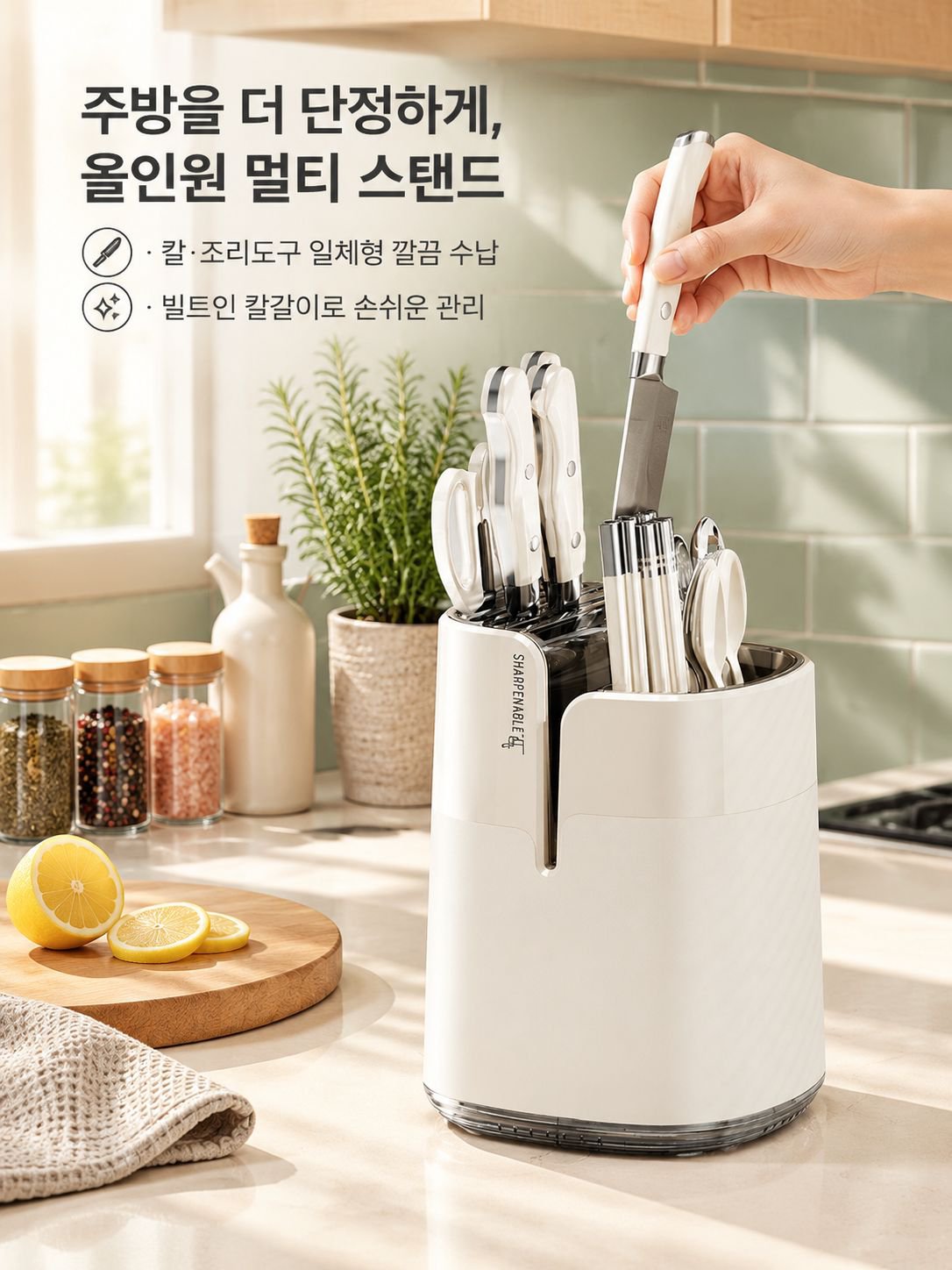 칼갈이 및 수저통 일체형 다기능 가정용 주방 칼꽂이