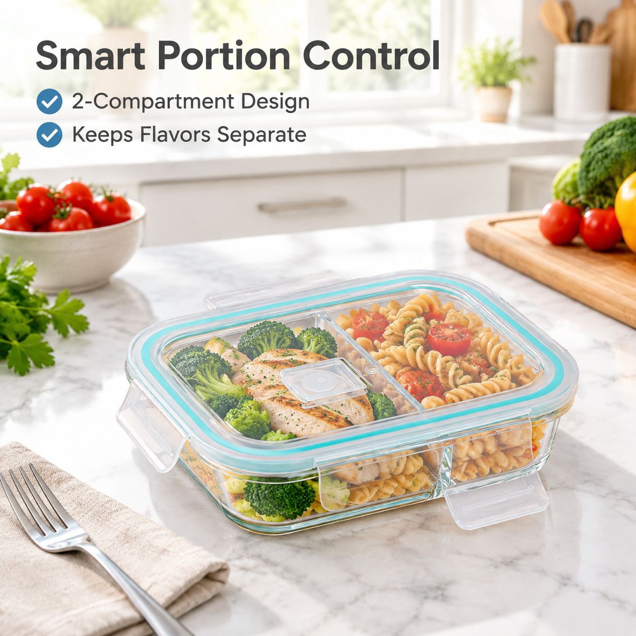 Microwave Safe Divided Glass Bento Lunch Box with Lid Food Storage Container
