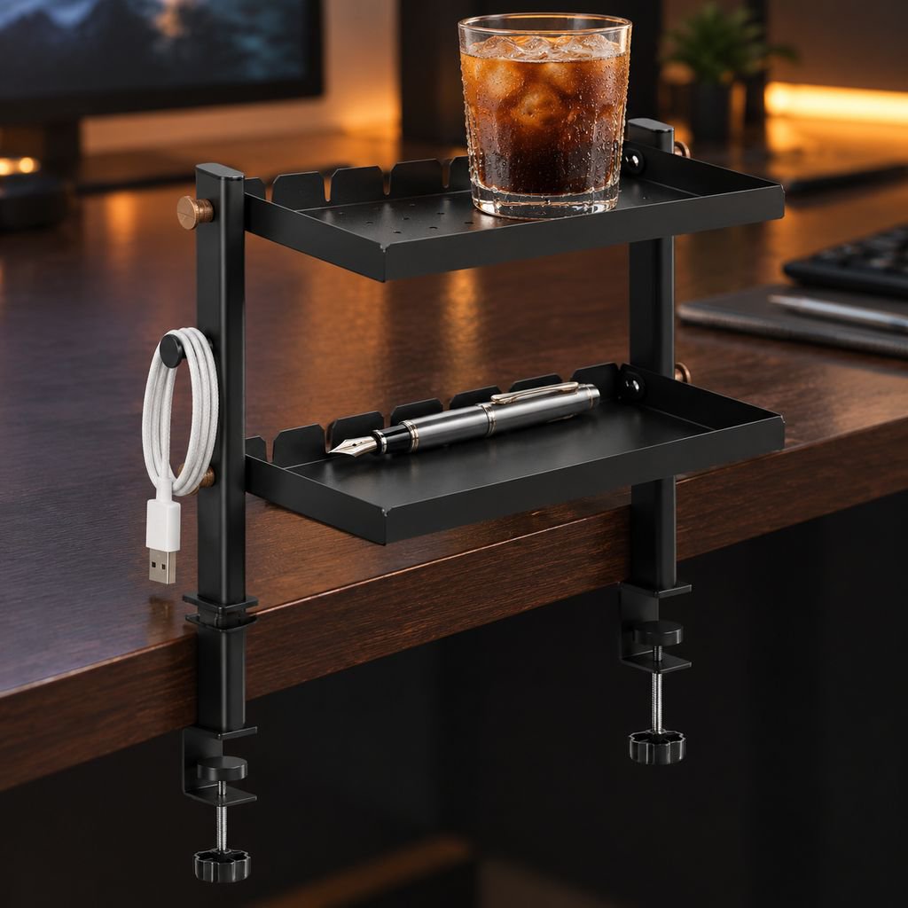 JMY - Desktop Clip-on Double-Layer Shelf, No-Drill Desk Storage Rack, Foldable Tray, Pegboard/Hangin