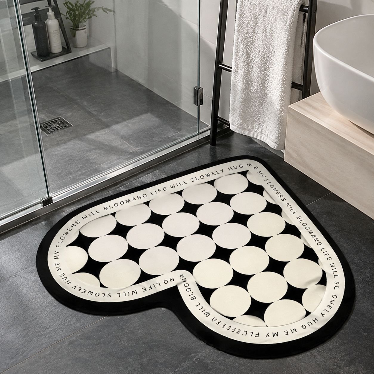 Contemporary bathroom with absorbent mat near shower