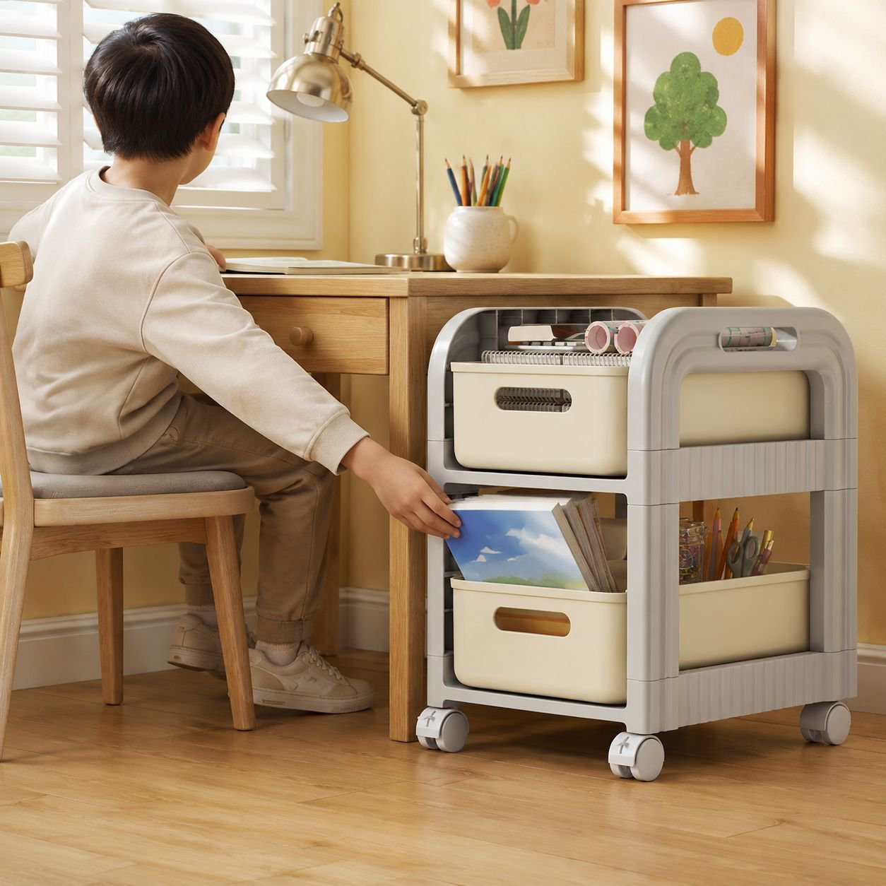 Multi-layer cabinet for organized schoolbag storage