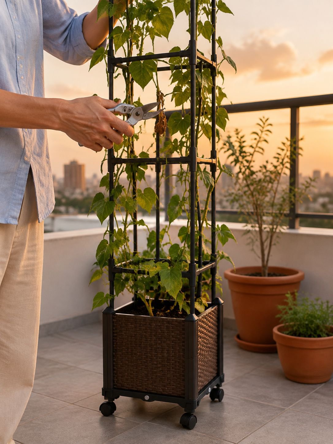 Caja de flores y vegetales con estructura de protección
