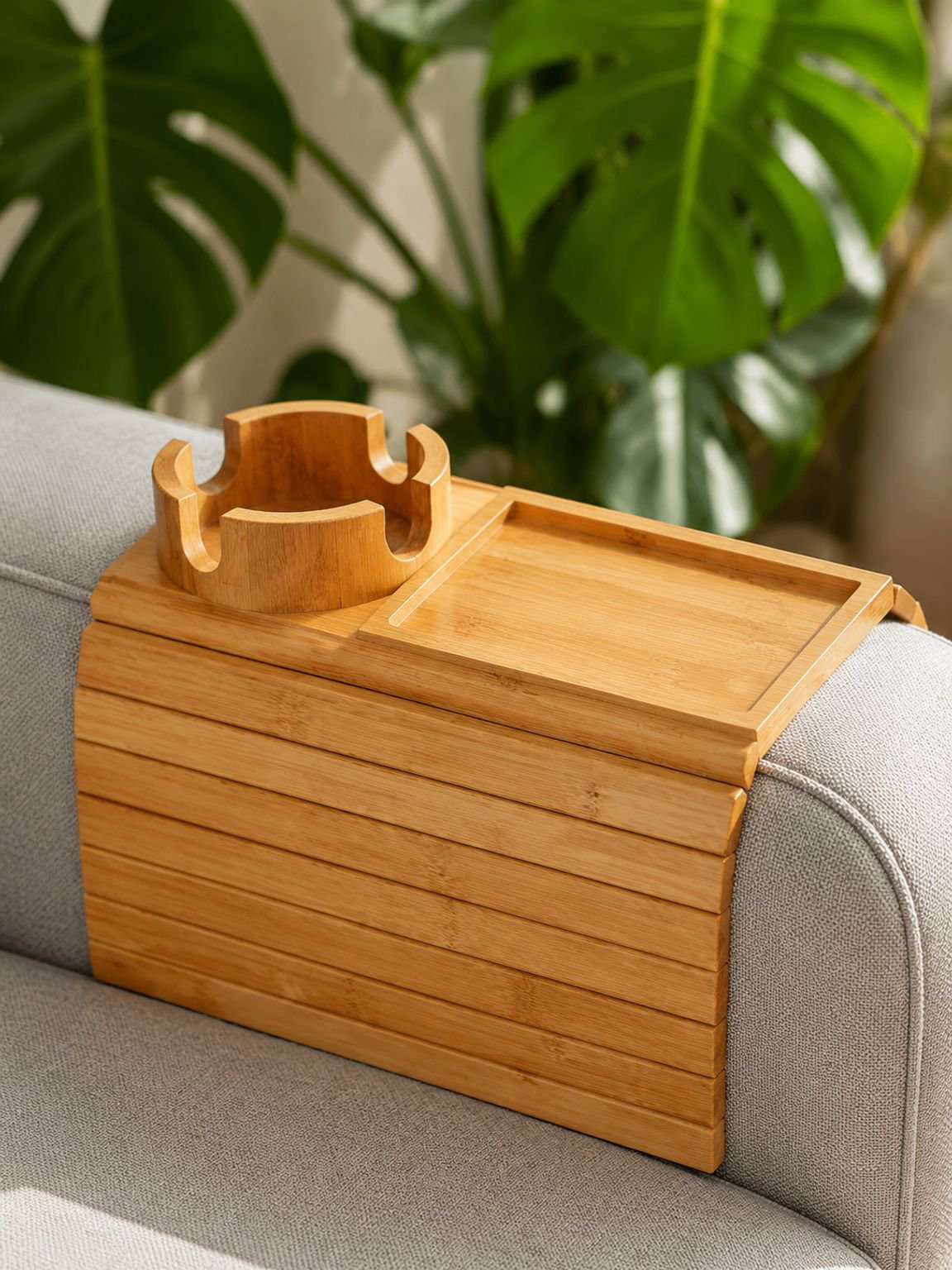 Plateau en bois posé sur l’accoudoir d’un canapé