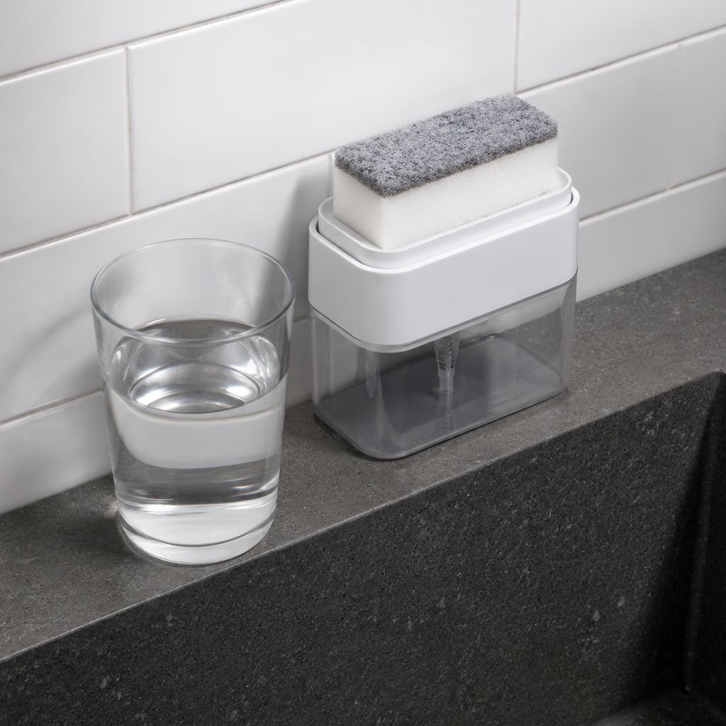 Kitchen Push Soap Box with Sponge and Draining Feature