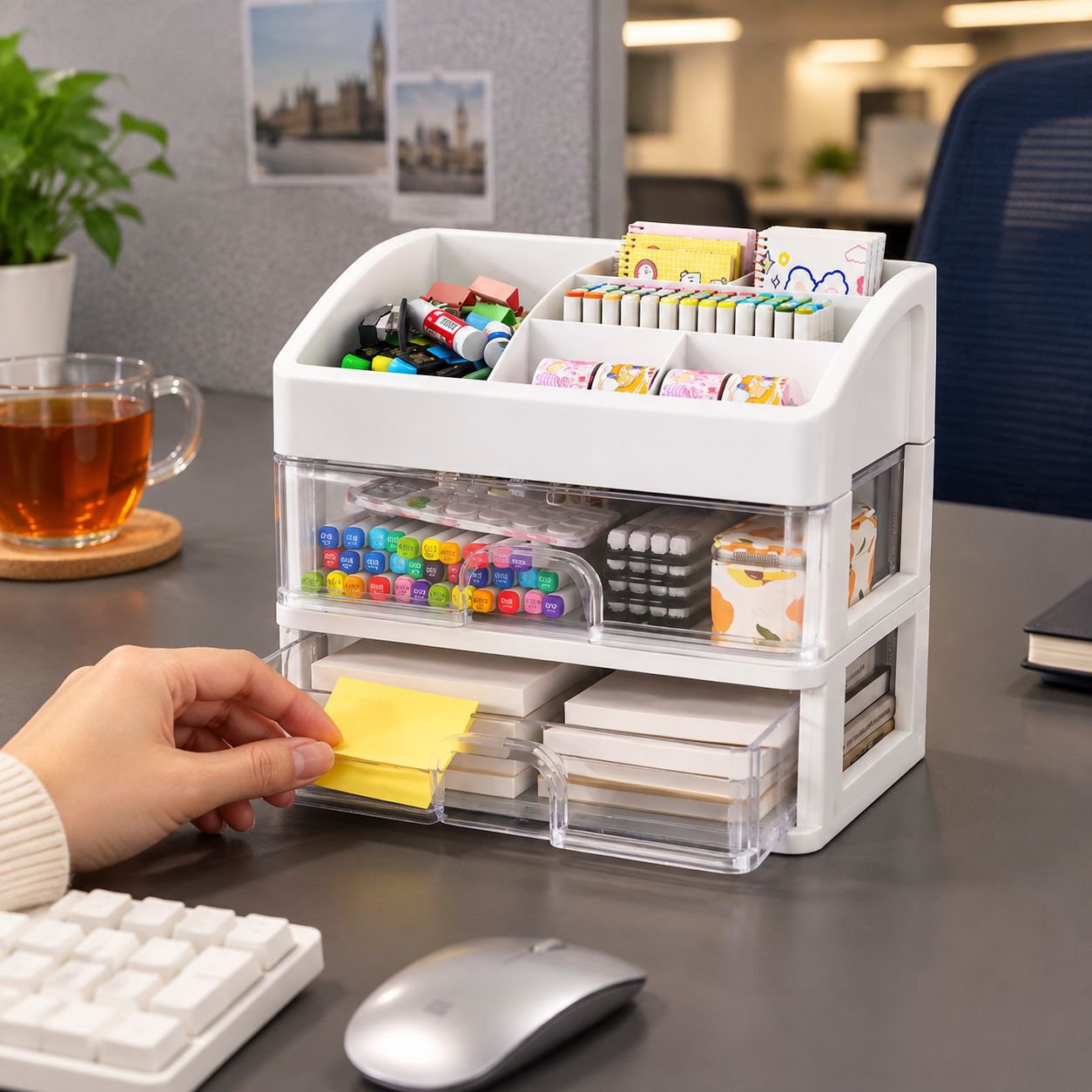 Side view of multi-layer organizer showing multiple drawers