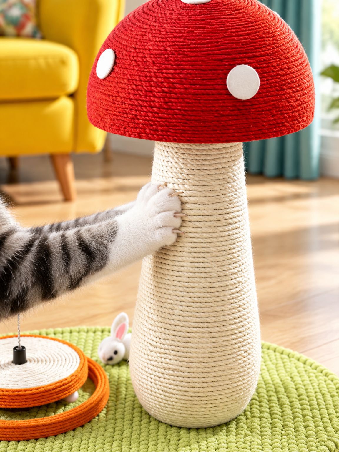Rascador para gatos grande con yute y forma de hongo rojo
