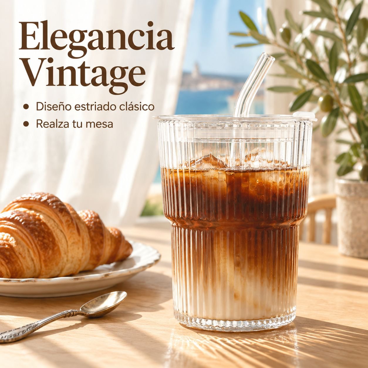 Vaso de vidrio con rayas verticales para agua o café, con tapa