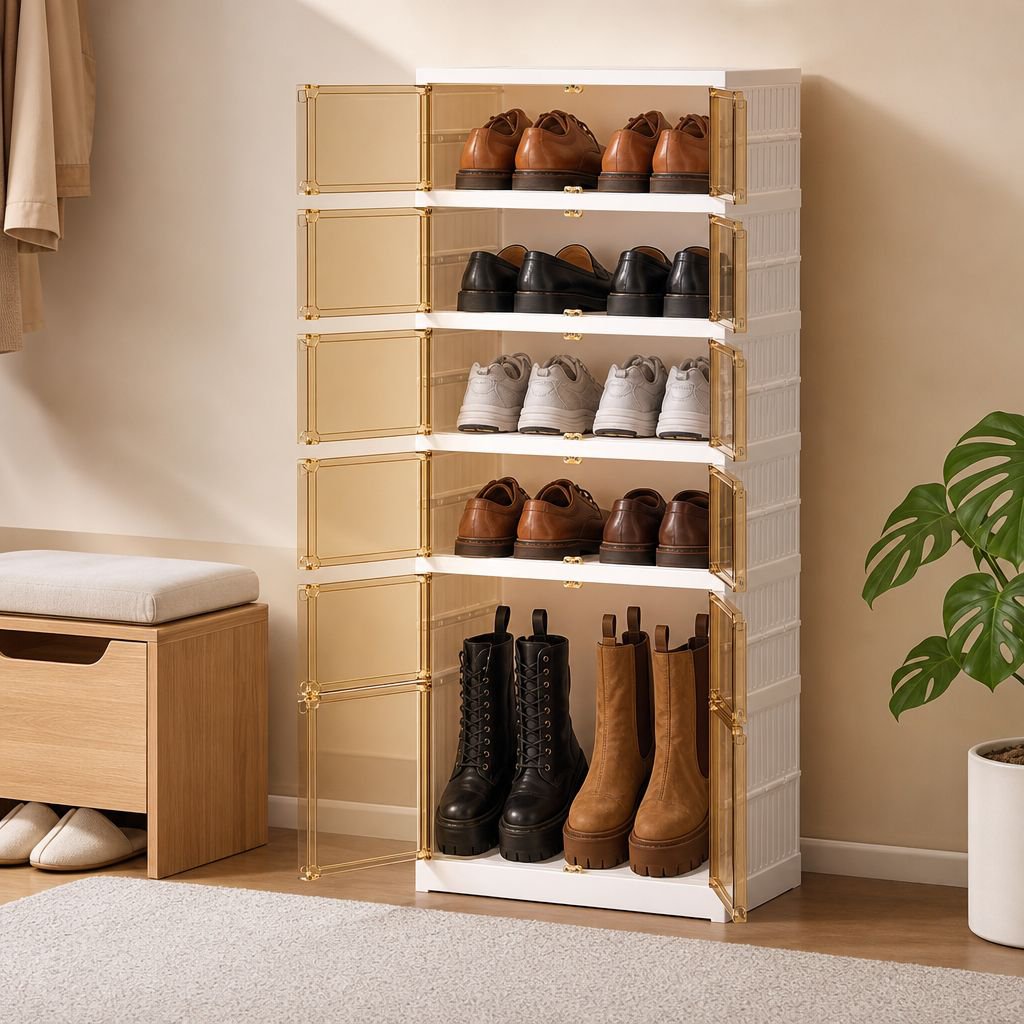 clear shoe storage boxes stacked in a closet