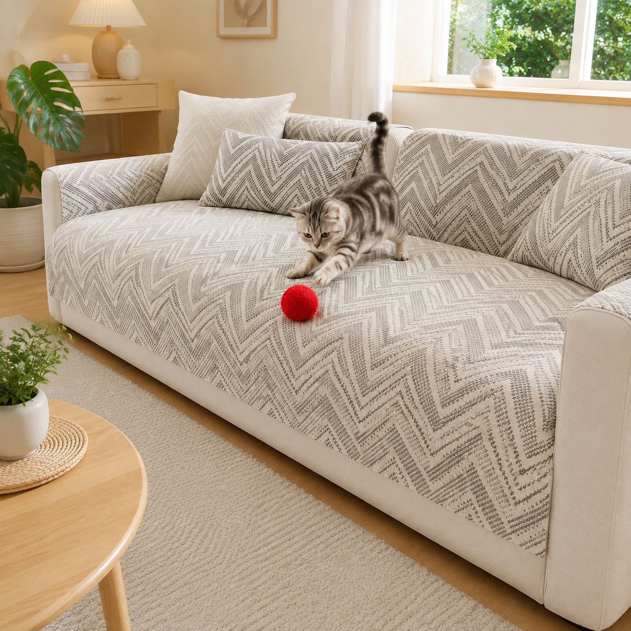 Machine washable striped sofa slipcover