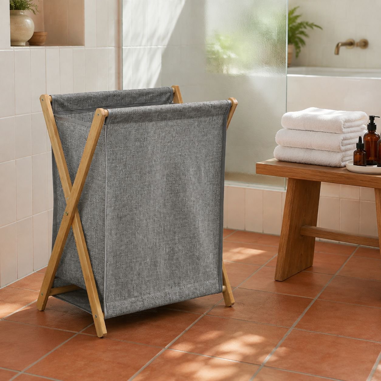 Cesta de ropa plegable de bambú y PVC ecológico para el hogar